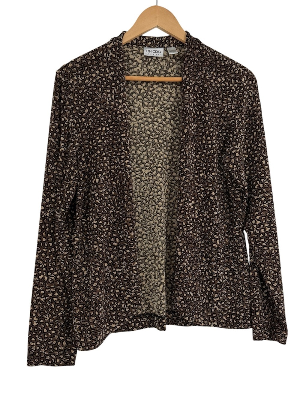 Chicos Travelers Animal Print Open Front Long Sleeve Cardigan Women Size 1 (M)